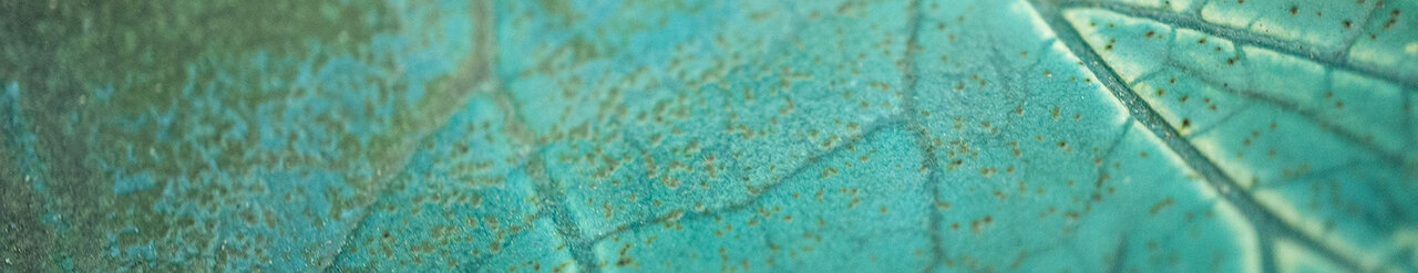 Oberfläche einer glasierten Keramik in Form eines Weinblattes